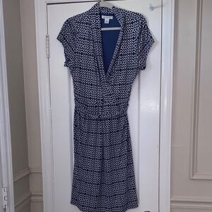 Liz Claiborne Navy and White Geometric Wrap-Style Midi Dress
